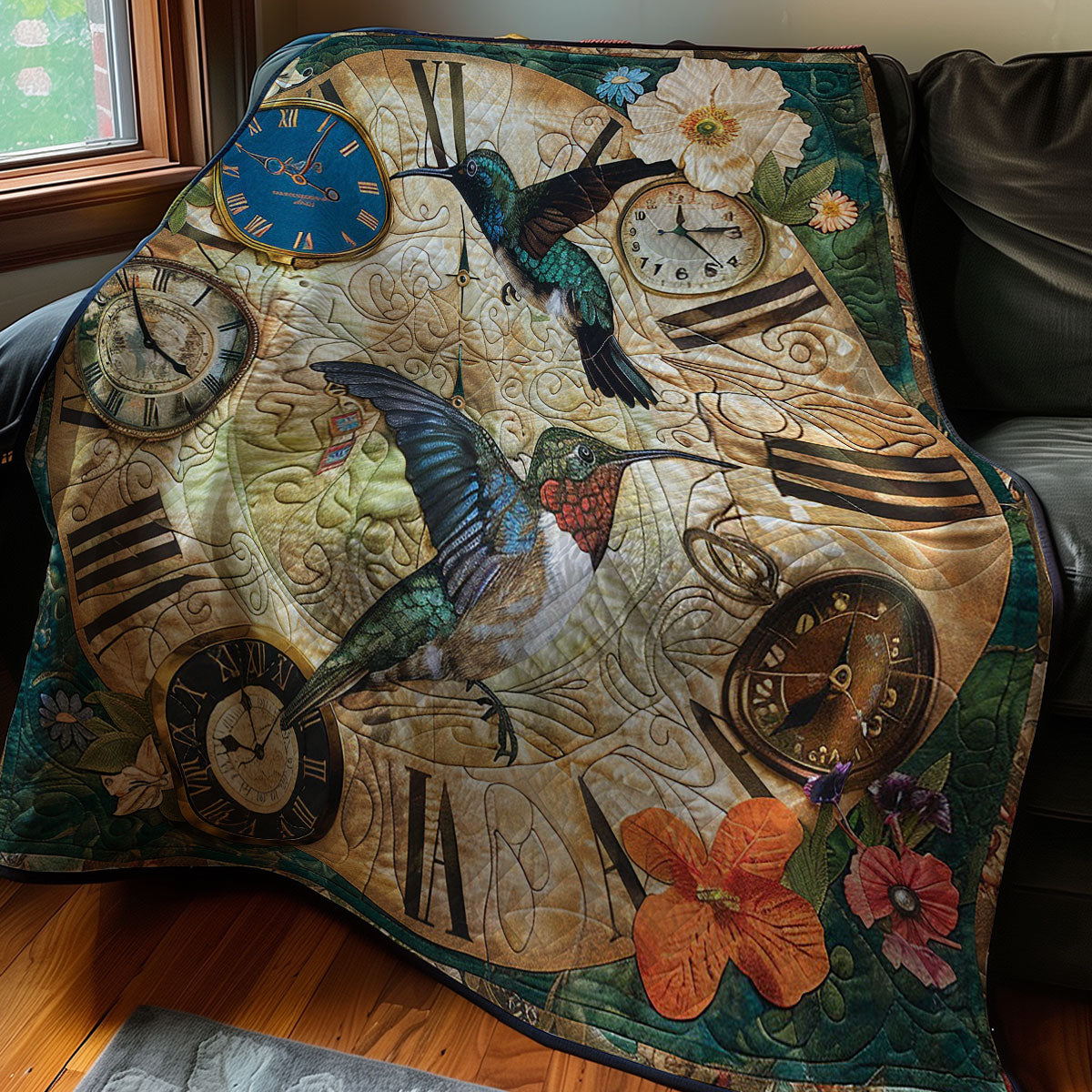 Hummingbirds And TimeClock WM2607001CL Quilt