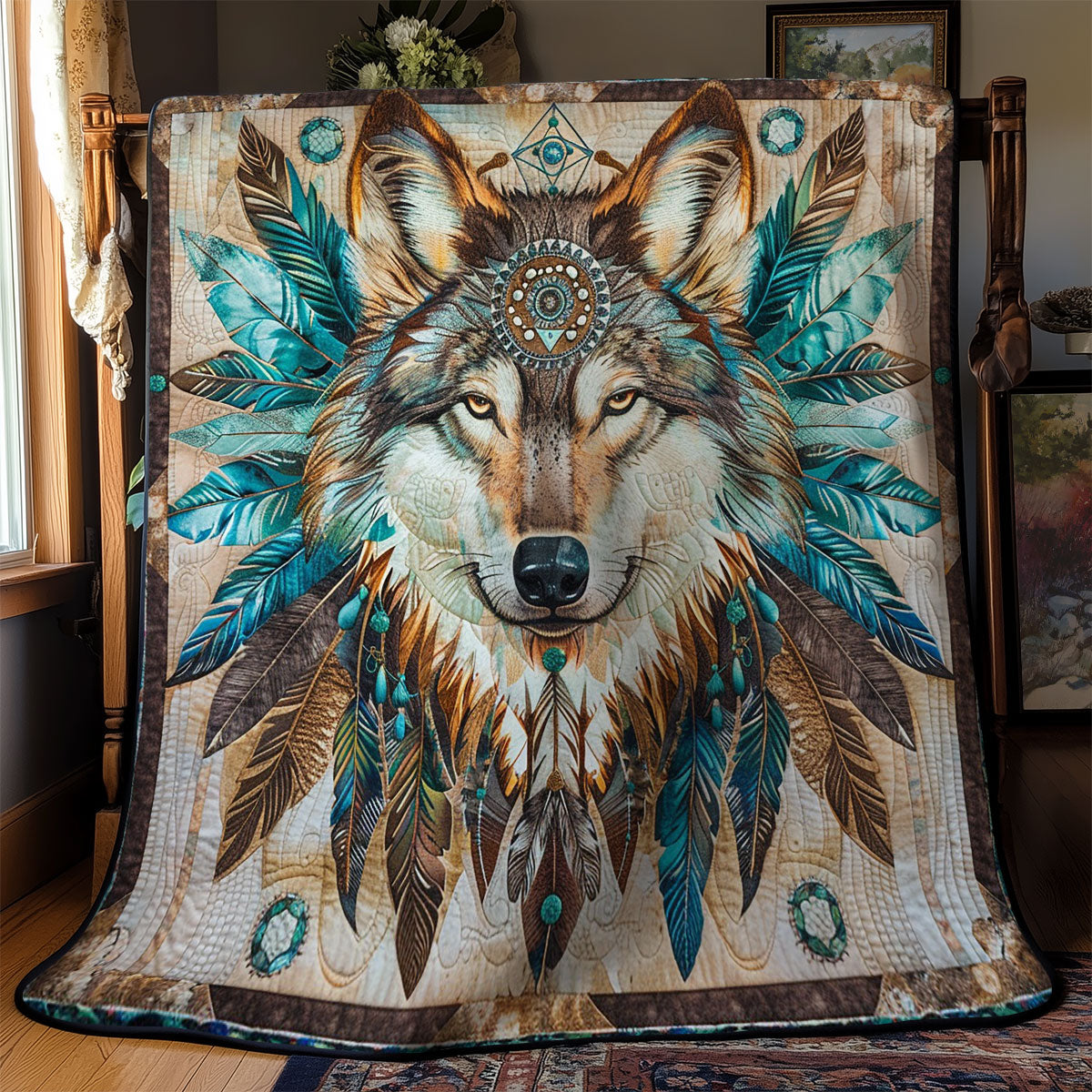 Blue Feathers Wolf WM0509010CL Quilt