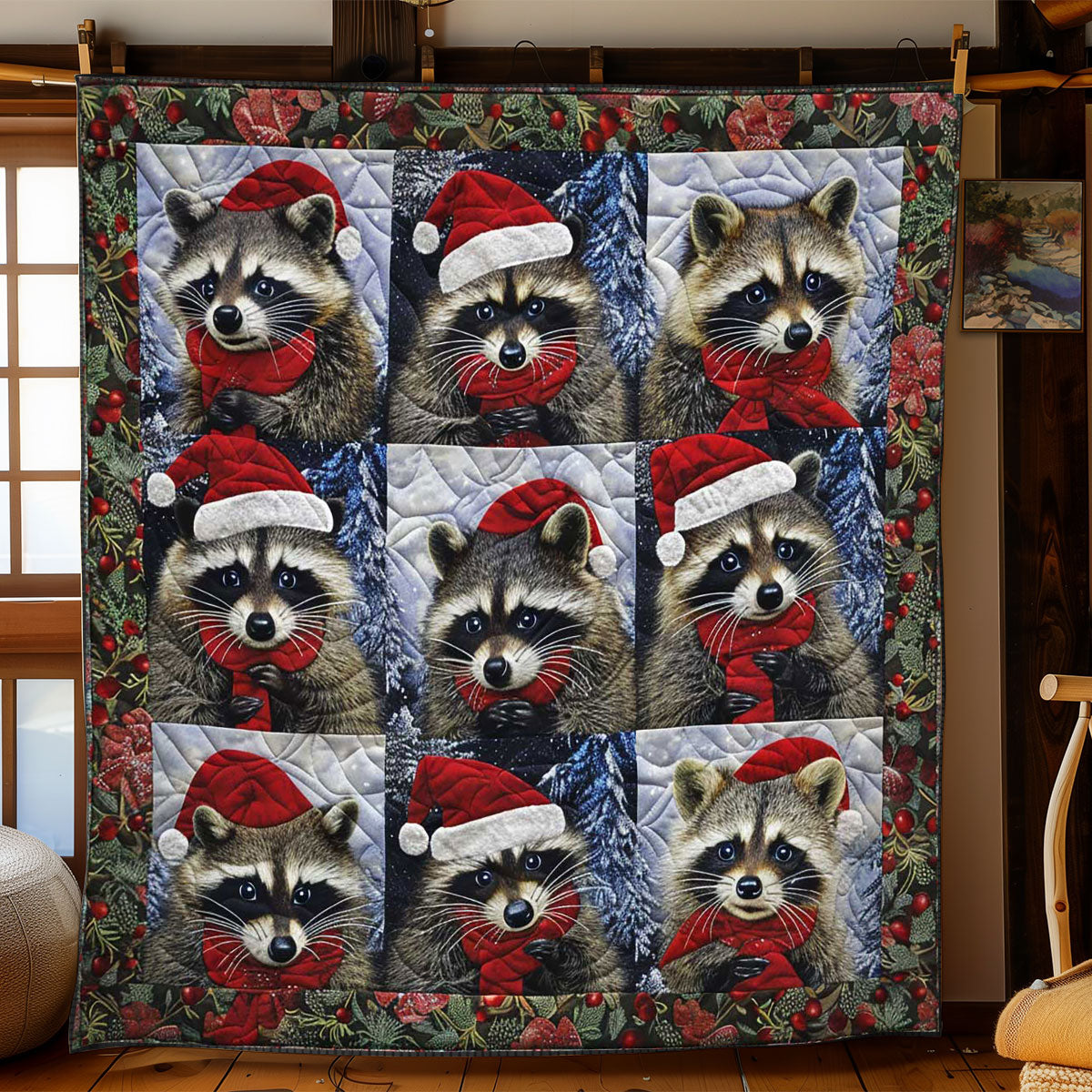 Christmas Raccoon Snuggles WN1508079CL Quilt