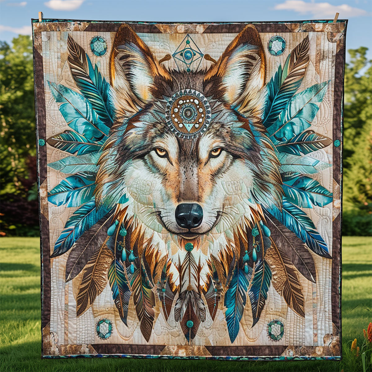 Blue Feathers Wolf WM0509010CL Quilt