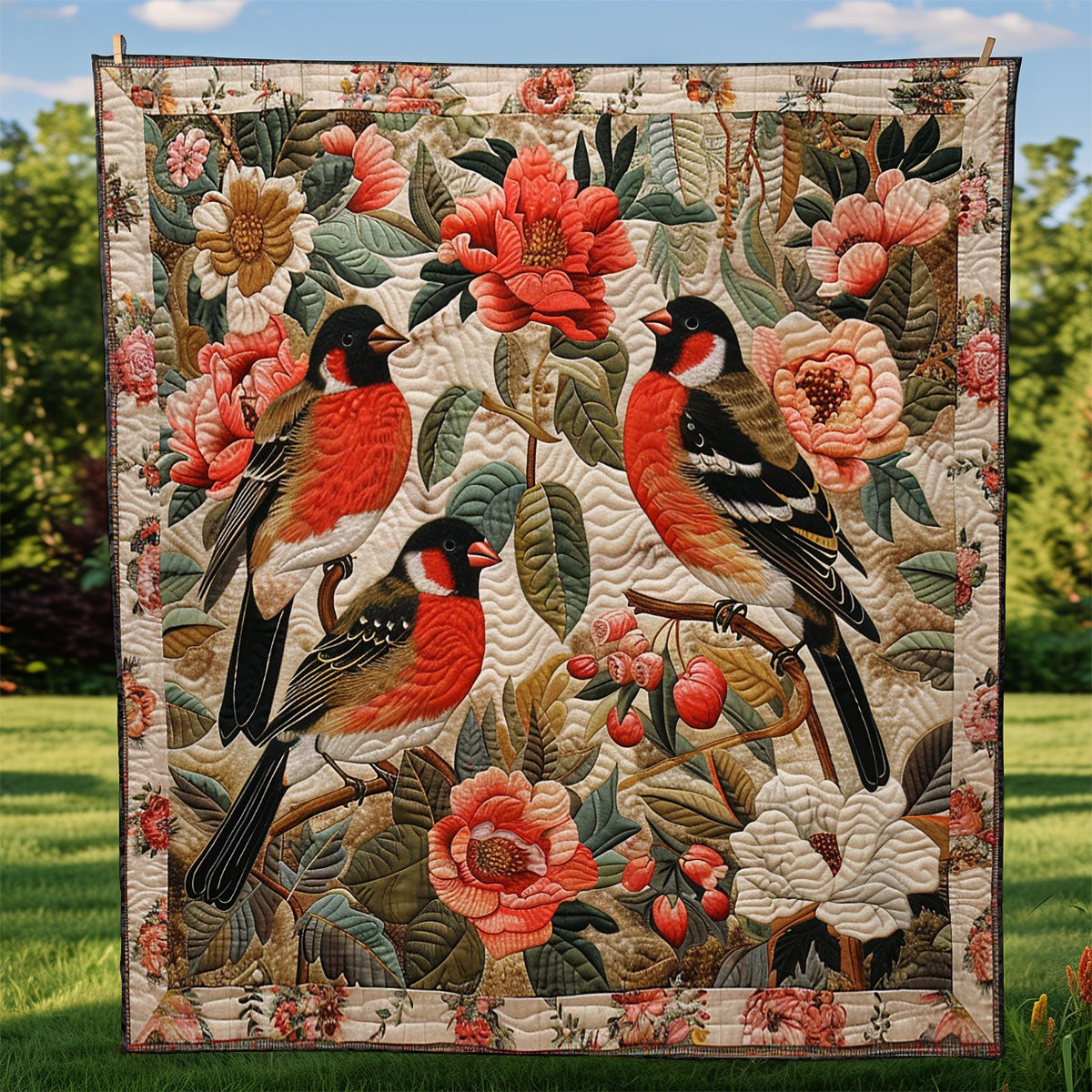 Red And Black Bullfinches WM2308084CL Quilt