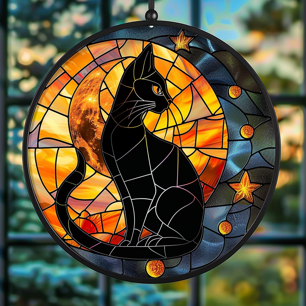 Moon And Star Black Cat XR2008055CL Stained Glass Suncatcher