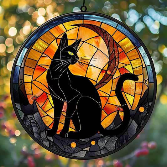 Moonlight Black Cat XR2008053CL Stained Glass Suncatcher