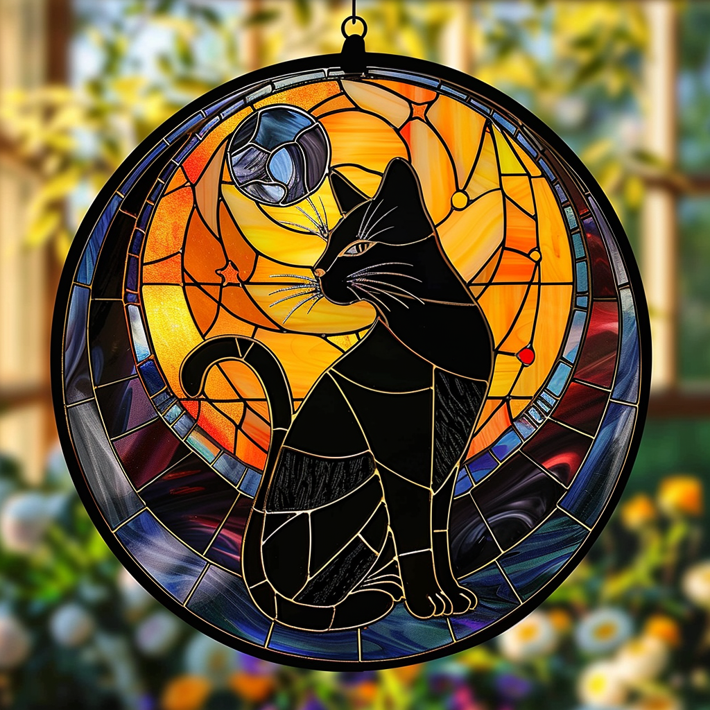 Mystic Black Cat XR2008053CL Stained Glass Suncatcher