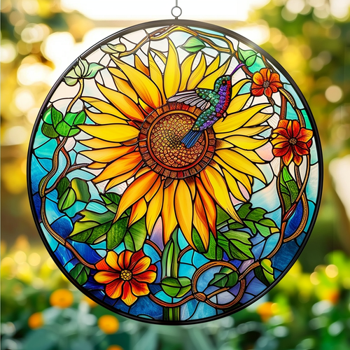 Sunflower And Hummingbird XR2208035CL Stained Glass Suncatcher