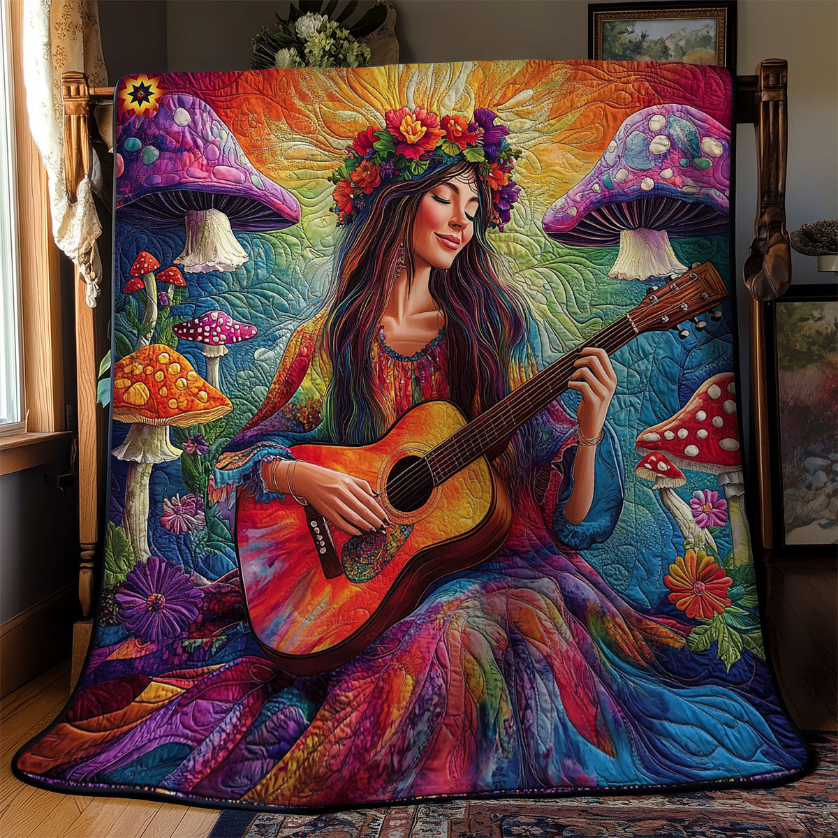 Hippie Girl Playing Guitar WY0312022CL Quilt