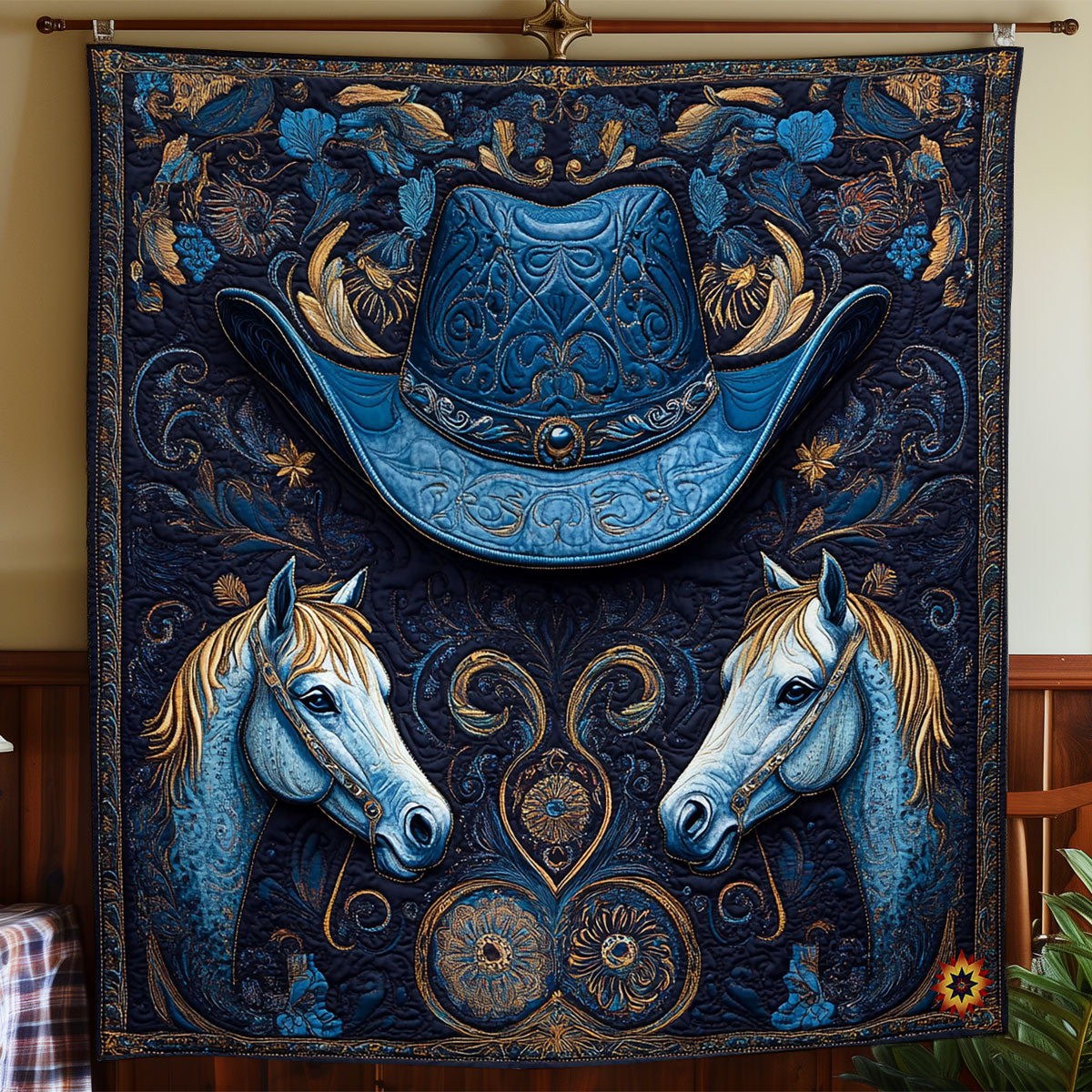 Blue Cowboy Hat Horse WY1911084CL Quilt