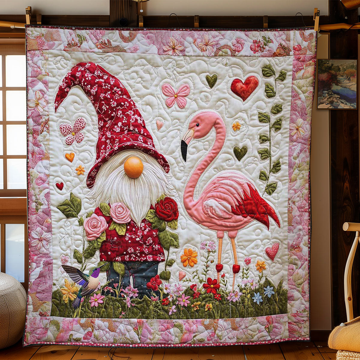 Flamingo And Gnome Blossoms WN1112041CL Quilt