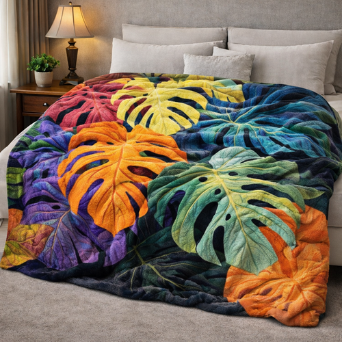 Colorful Monstera QA2301007CL Faux Fur Throw Blanket