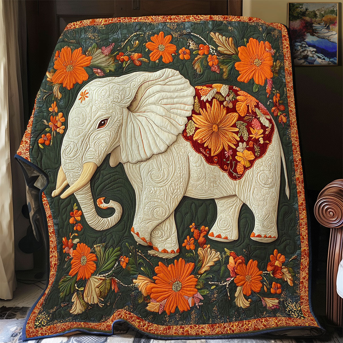 Elephant And Orange Flower WY0202019CL Quilt