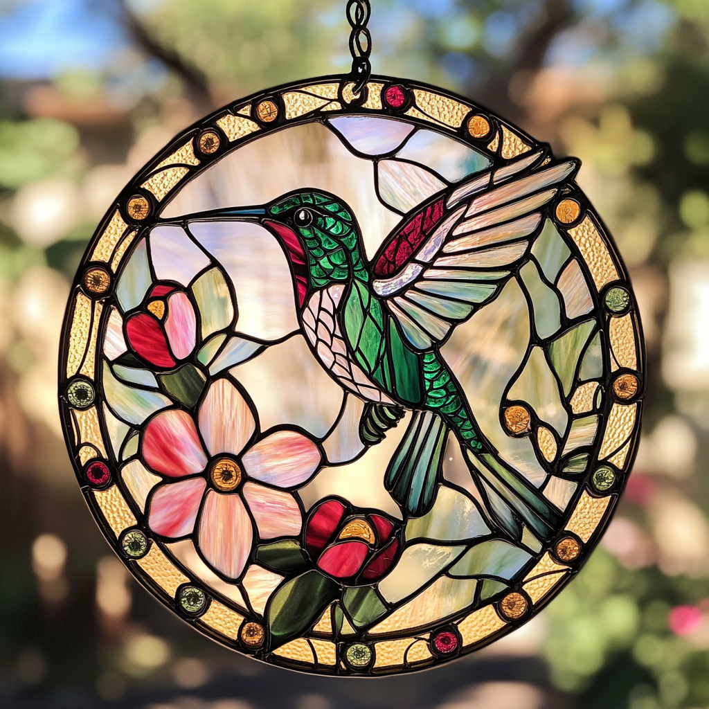 Blooming Hummingbird WN0611119CL Stained Glass Suncatcher