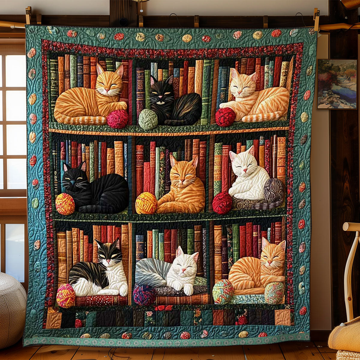 Sleeping Cats On The Bookshelves WJ2609019CL Quilt