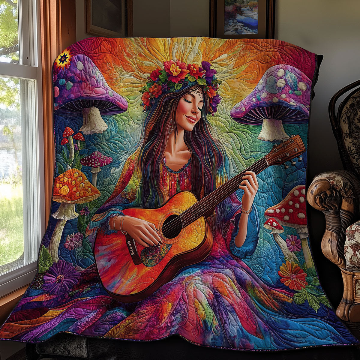 Hippie Girl Playing Guitar WY0312022CL Quilt