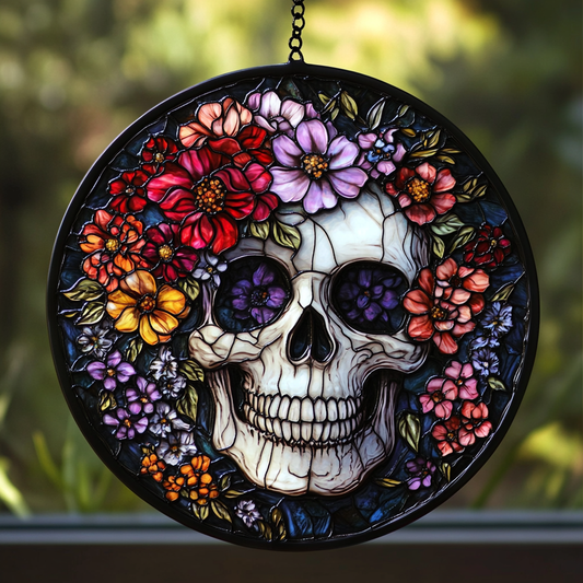 Blooming Skull WU1211074CL Stained Glass Suncatcher