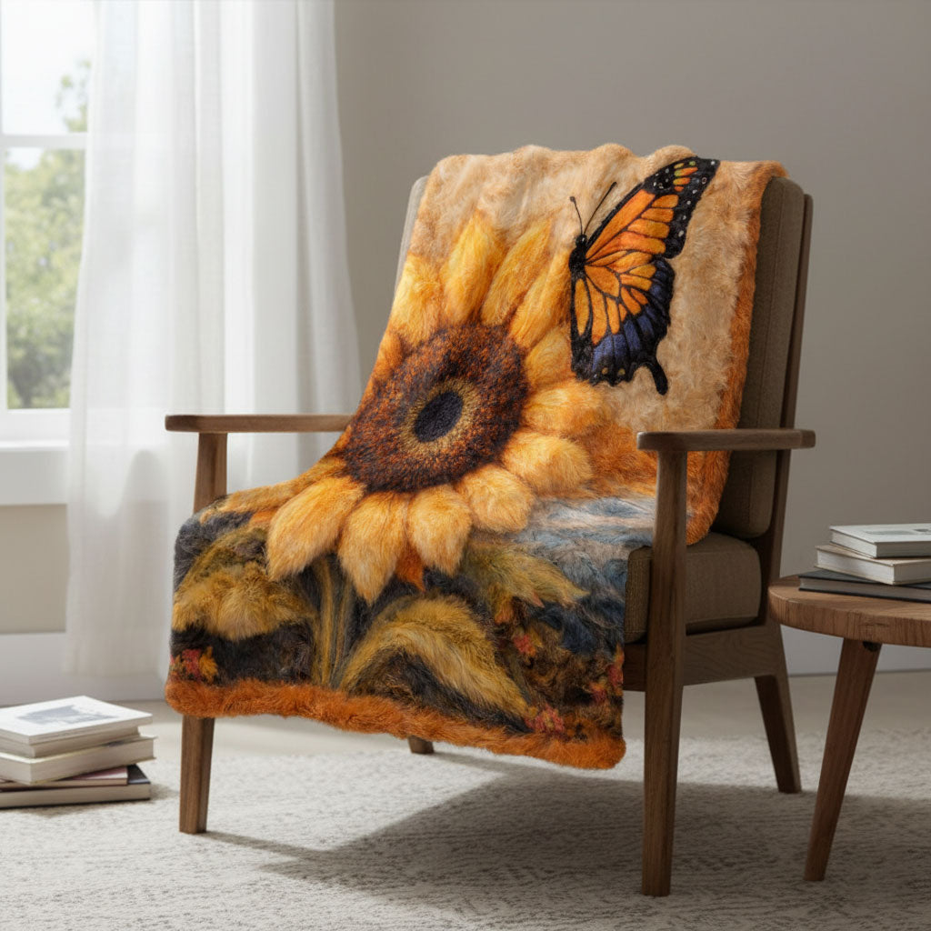 Giant Sunflower And Monarch WJ1401001CL Faux Fur Throw Blanket