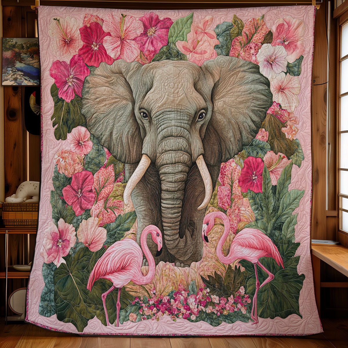 Beautiful Elephant And Flamingo WY0202004CL Quilt