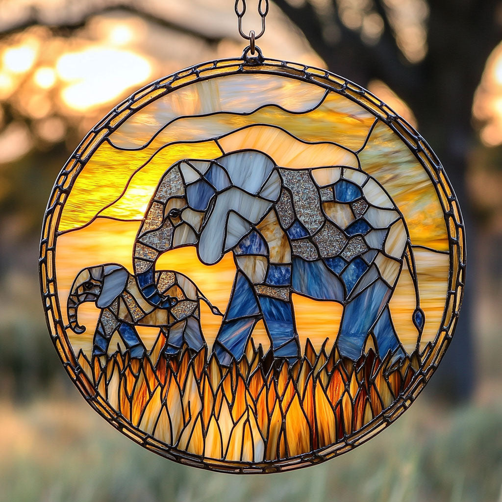 Elephant Family In Sunset WY2801030CL Suncatcher