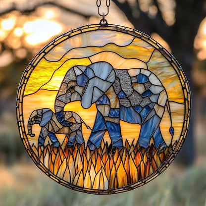 Elephant Family In Sunset WY2801030CL Suncatcher