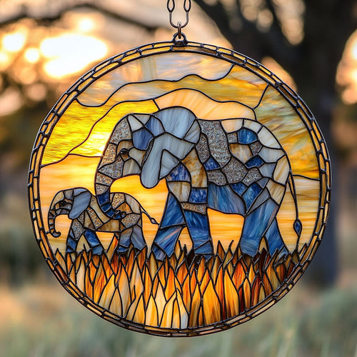 Elephant Family In Sunset WY2801030CL Suncatcher