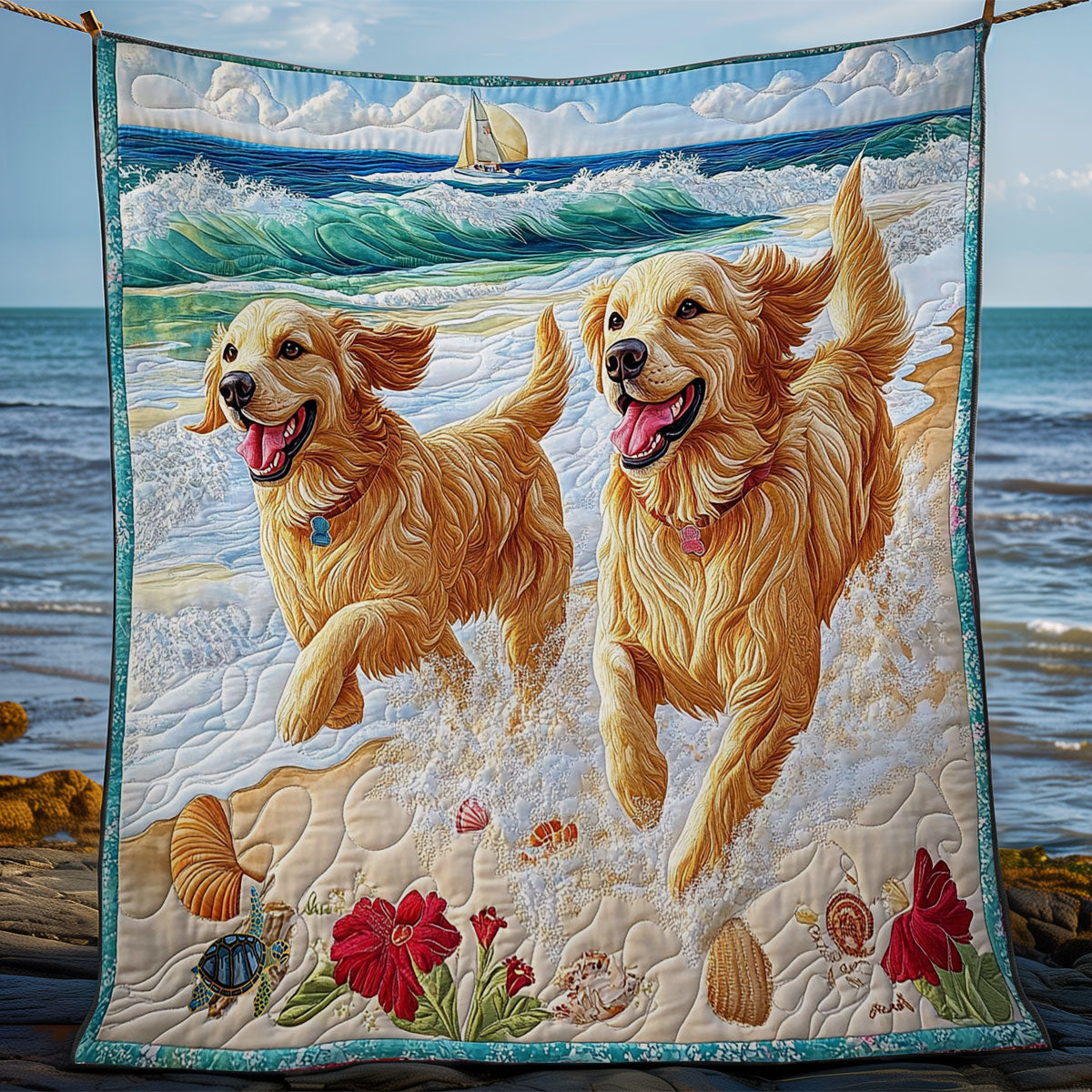 Golden Retriever Playing Beach WY0712014CL Quilt