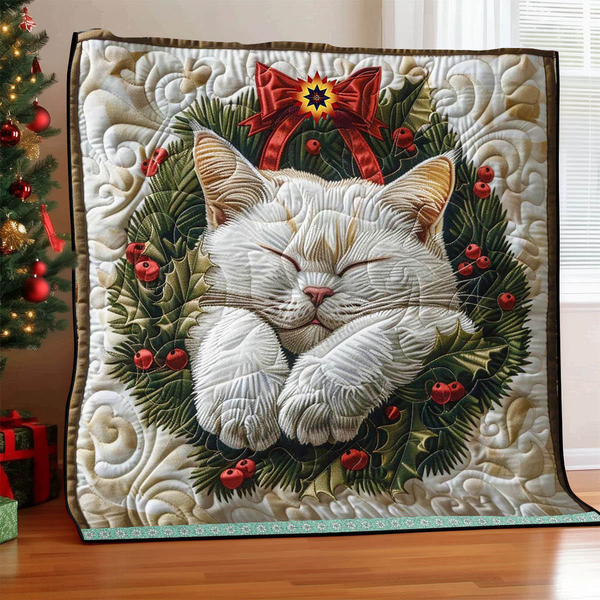 Christmas Wreath White Cat WP3010027CL Quilt