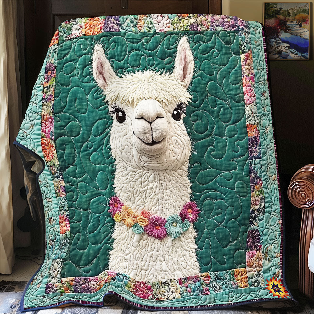 Teal Flower Llama WY1311037CL Quilt