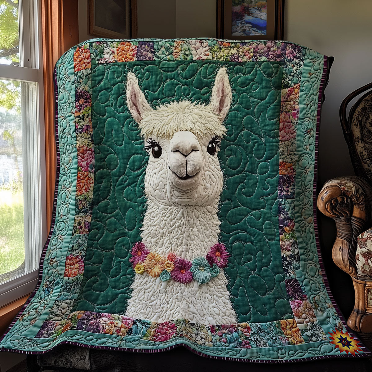 Teal Flower Llama WY1311037CL Quilt