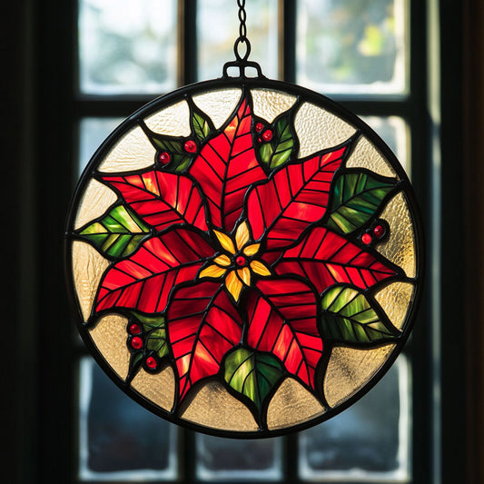 Poinsettia WJ1411046CL Stained Glass Suncatcher