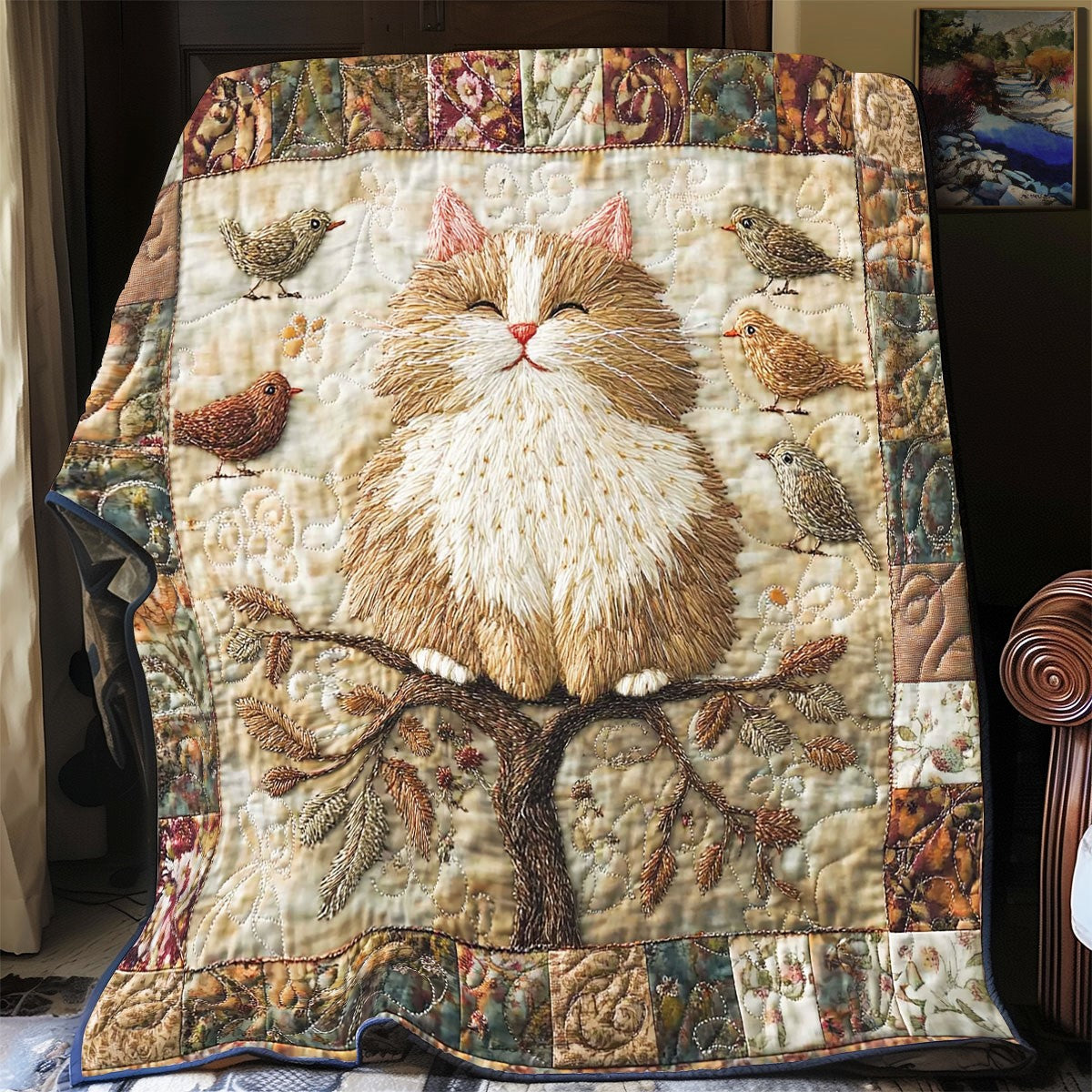 Playful Cat & Birds XB2003010CL Quilt