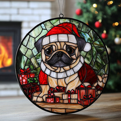 Pug Santa WU0711081CL Stained Glass Suncatcher