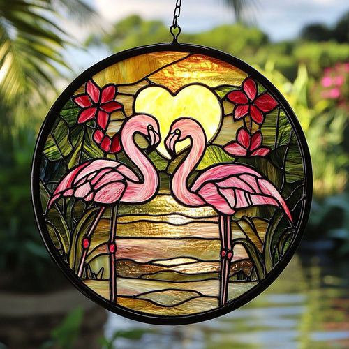 Couple Flamingo In Sunset WY2202120CL Suncatcher