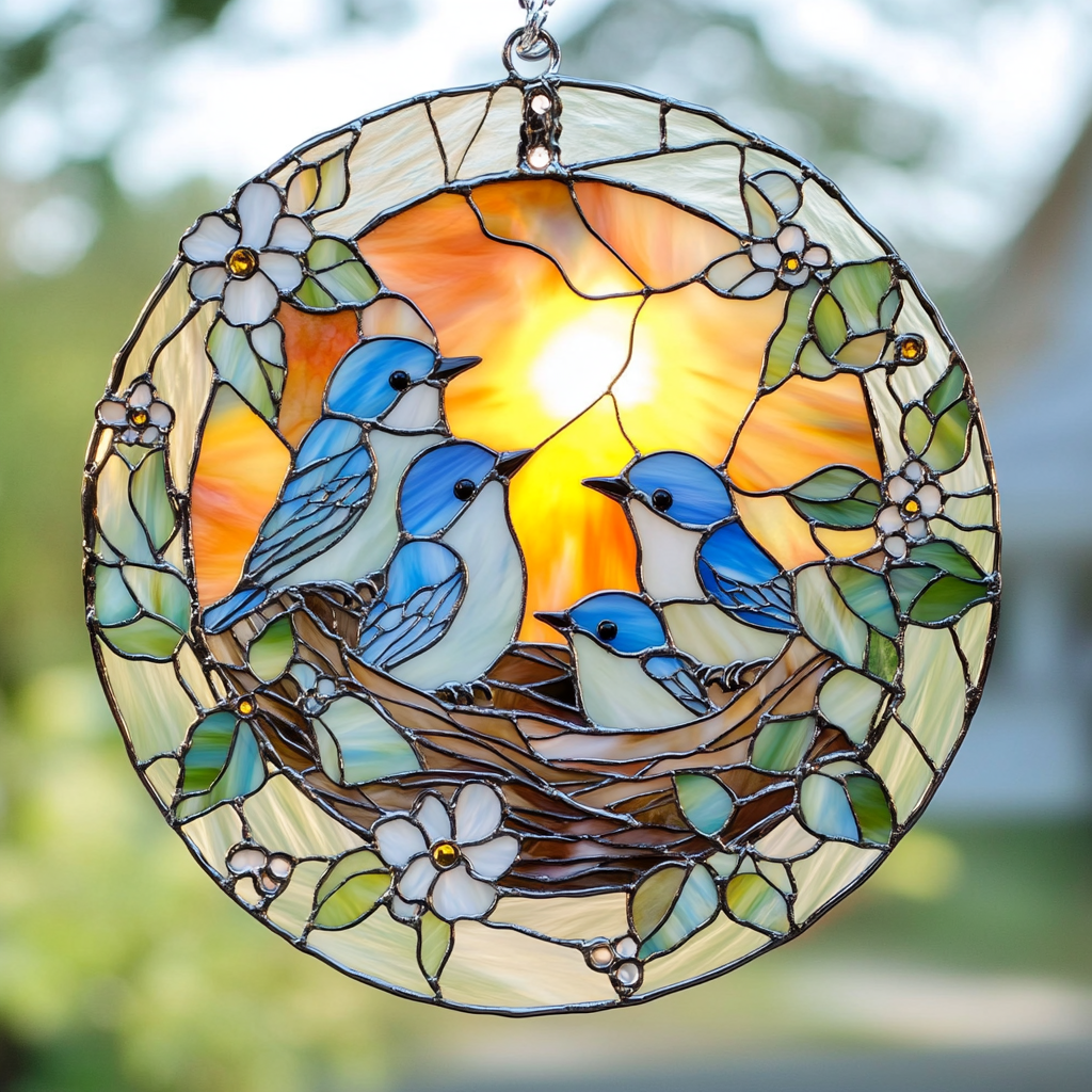 Sunset Bluebirds WN0611054CL Stained Glass Suncatcher