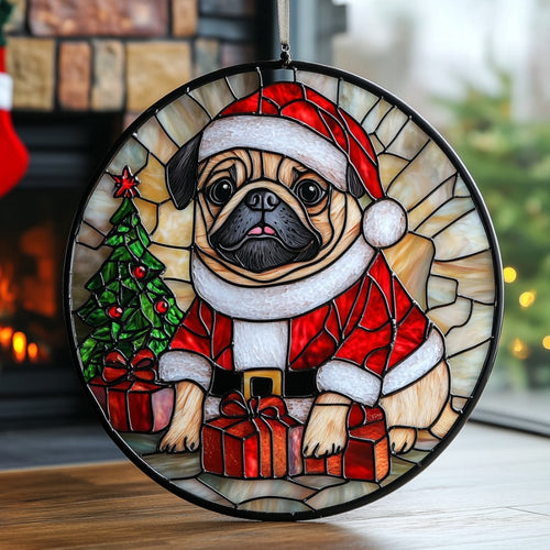 Pug Santa WU0711086CL Stained Glass Suncatcher