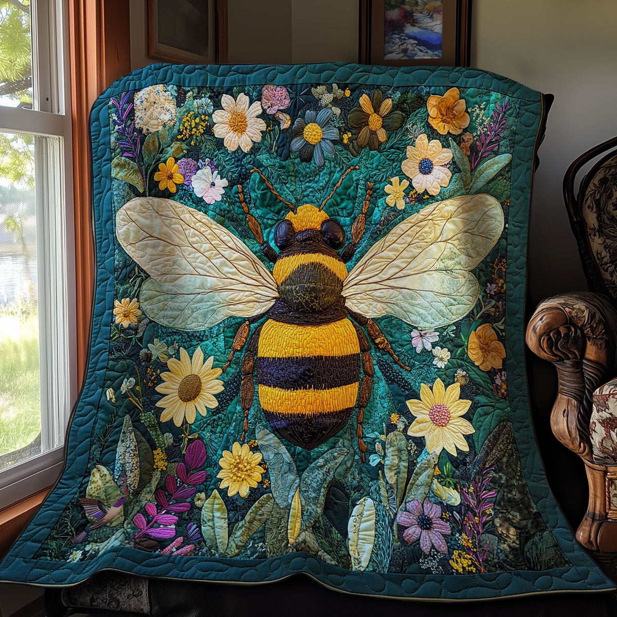 Teal Garden Bee WY0611040CL Quilt