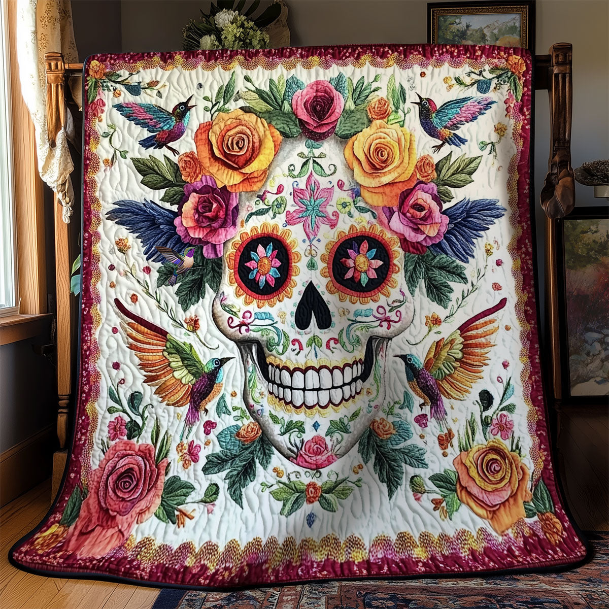 Flower Hummingbird Skull WY1511012CL Quilt