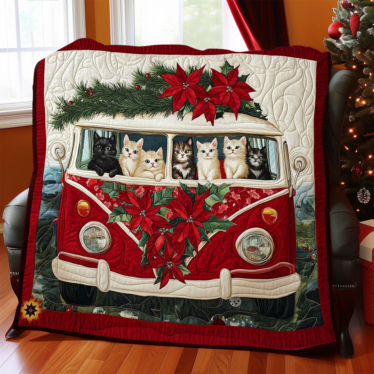 Poinsettia Van Cat WY0912024CL Quilt