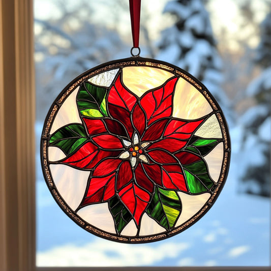 Poinsettia WJ1411047CL Stained Glass Suncatcher