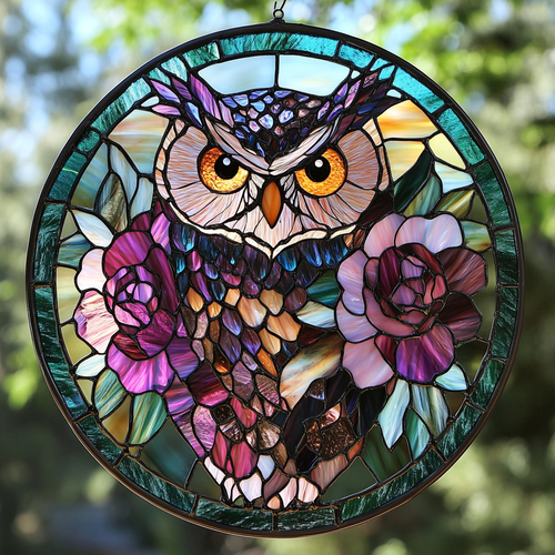 Floral Owl WN0611093CL Stained Glass Suncatcher