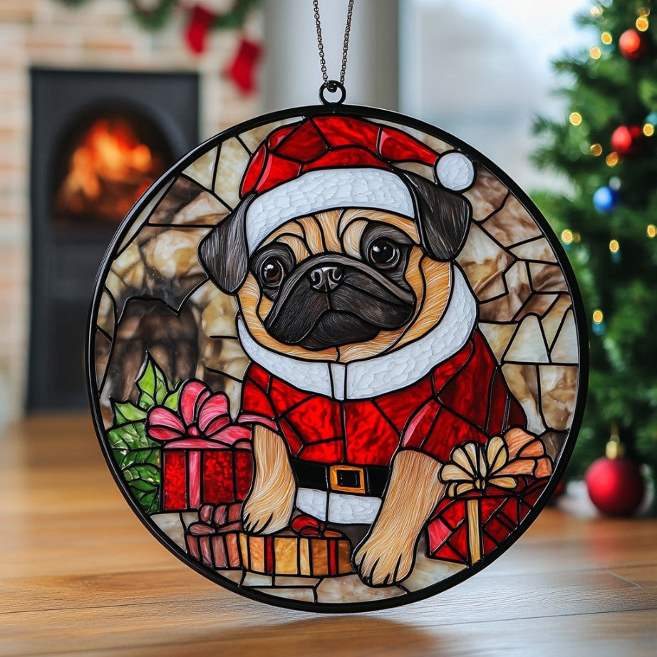 Pug Santa WU0711087CL Stained Glass Suncatcher