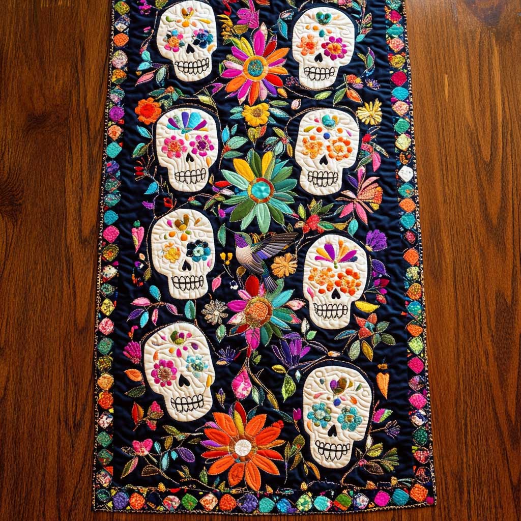Day Of The Dead Floral Skulls WN2610061CL Quilted Table Runner