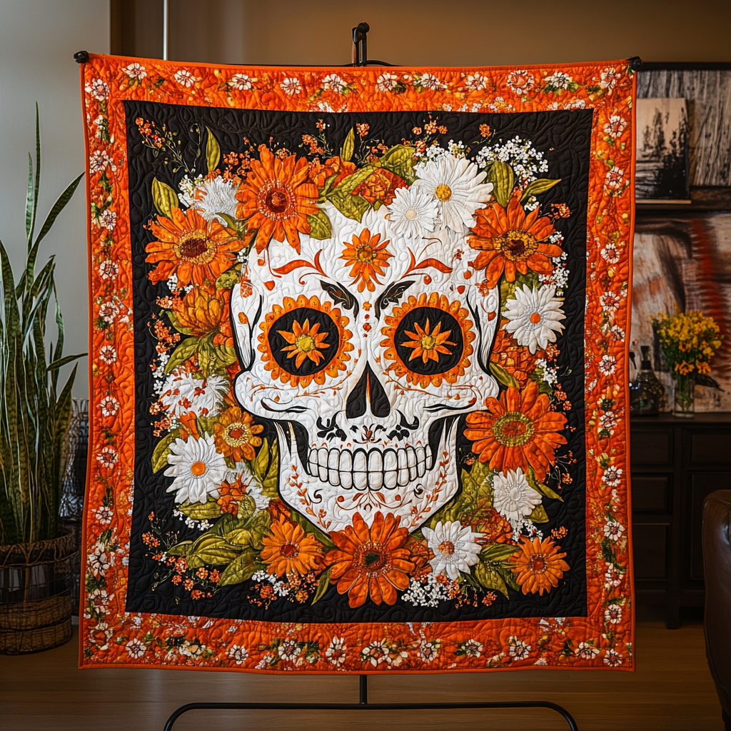 Orange Flowers Skull WY2210005CL Quilt