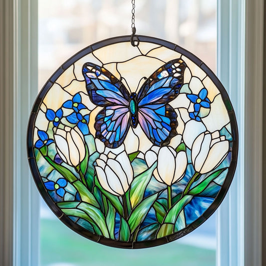 Tulip Butterfly WJ2210044CL Stained Glass Suncatcher