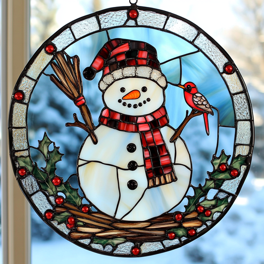 Snowman And Cardinal WN0611082CL Stained Glass Suncatcher