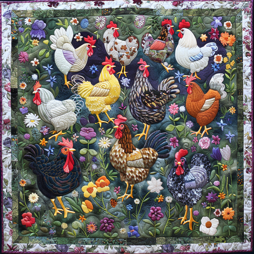 Floral Chickens XR2105005CL Quilt