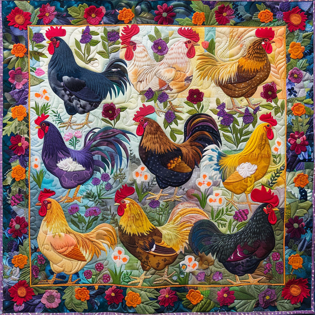 Floral Chickens XR2105006CL Quilt