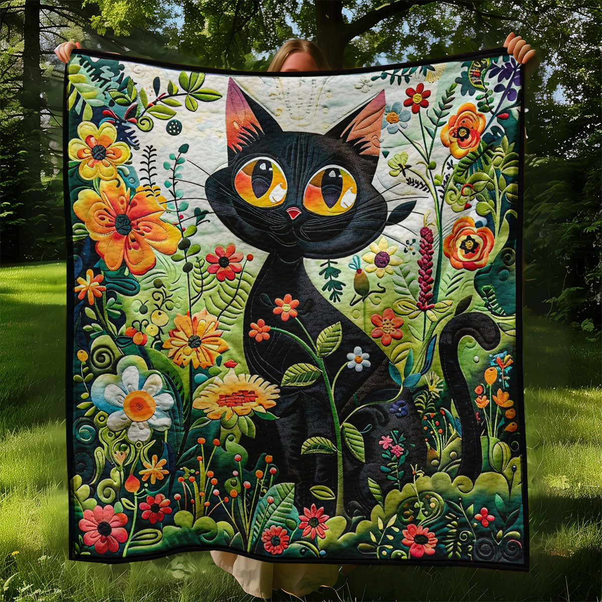 Black Cat In The Garden Flowers WO2408025CL Quilt