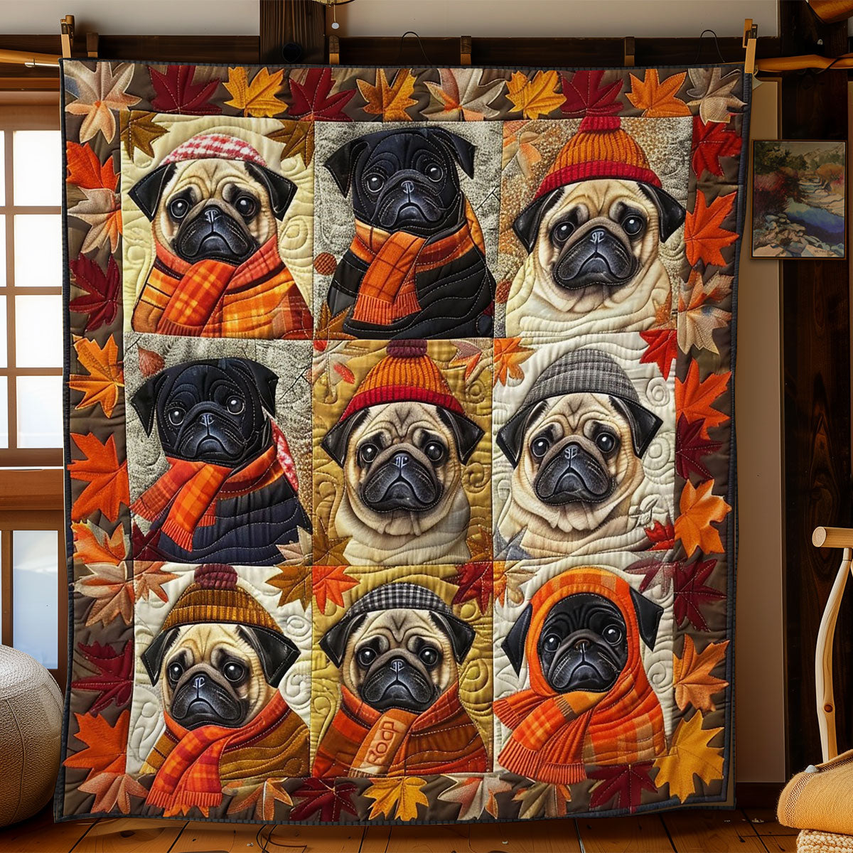 Pug Dogs With Scarf WO1408001CL Quilt