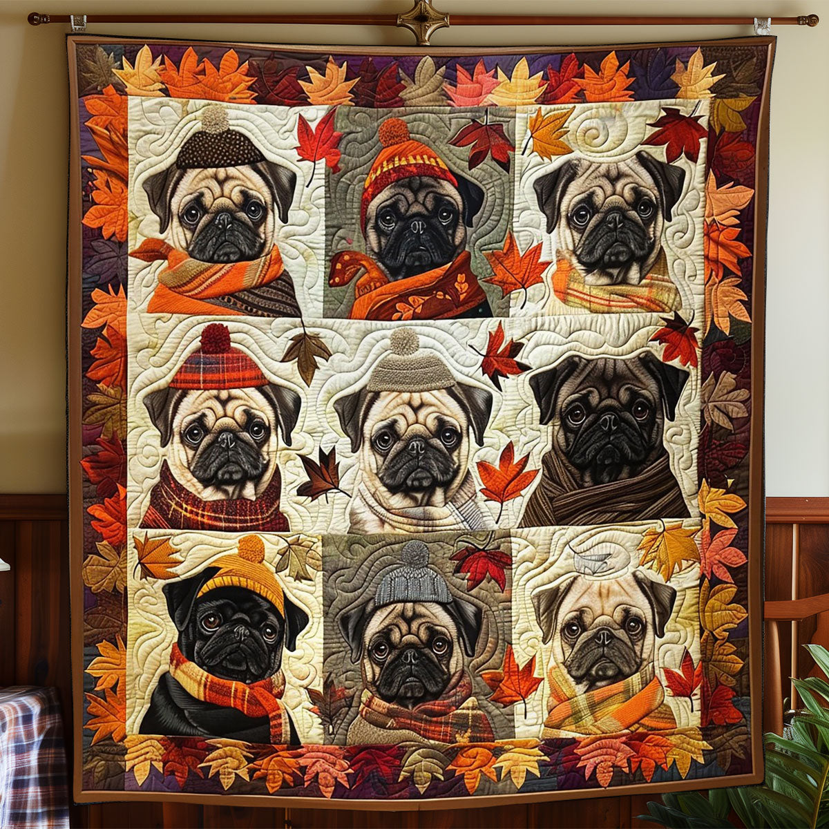 Pug Dogs And Autumn Leaves WO1408002CL Quilt