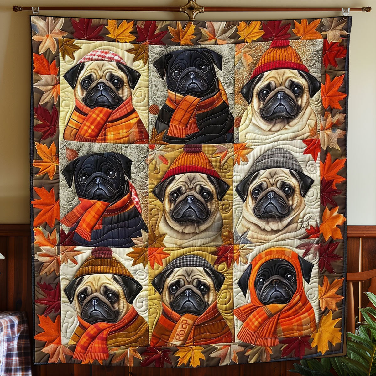 Pug Dogs With Scarf WO1408001CL Quilt