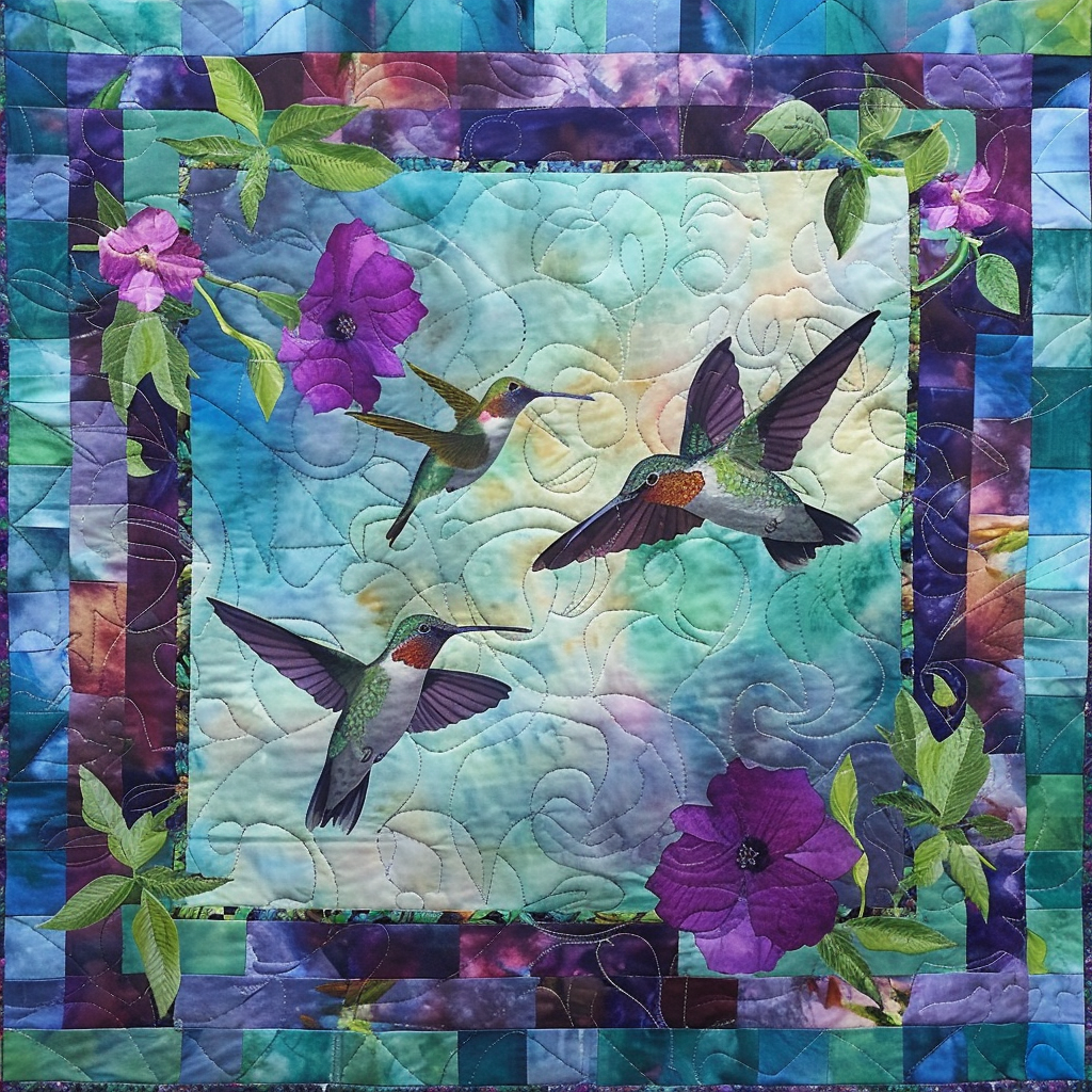 Hummingbirds And Purple Flowers XR2206004CL Quilt